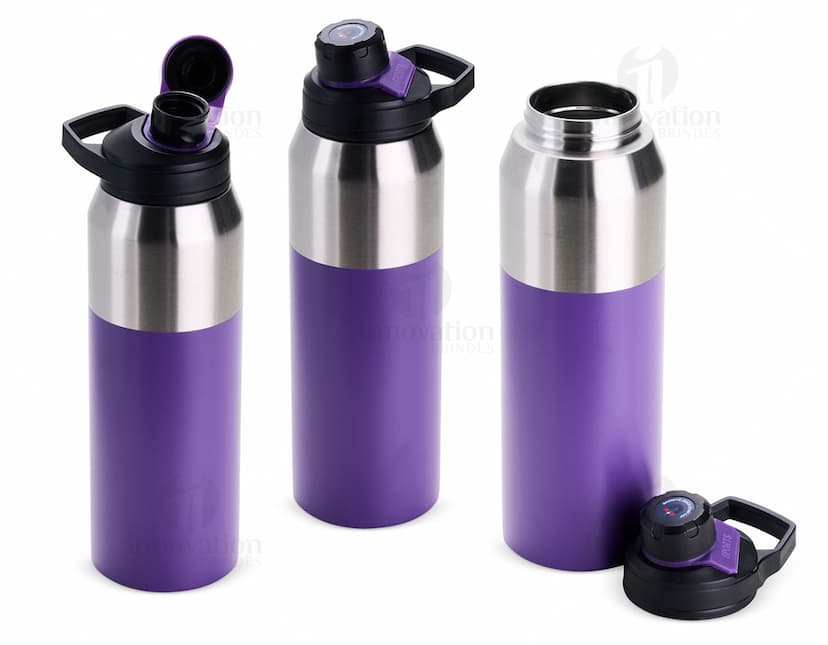 Garrafa térmica de 1 litro, feita de plástico e metal, com tampa e design clean. O objeto é um recipiente para líquidos, podendo ser utilizado para manter a temperatura de bebidas. A garrafa é de cor preta e possui um acabamento brilhante.