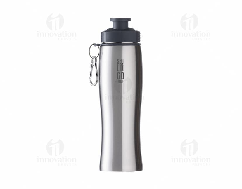 Squeeze Inox 750ml, em metal prateado, com tampa de plástico preto e detalhes em aço inoxidável. Equipamento de higiene e saúde, clean e shiny, com capacidade para líquidos, shape elegante e capacidade de spray.