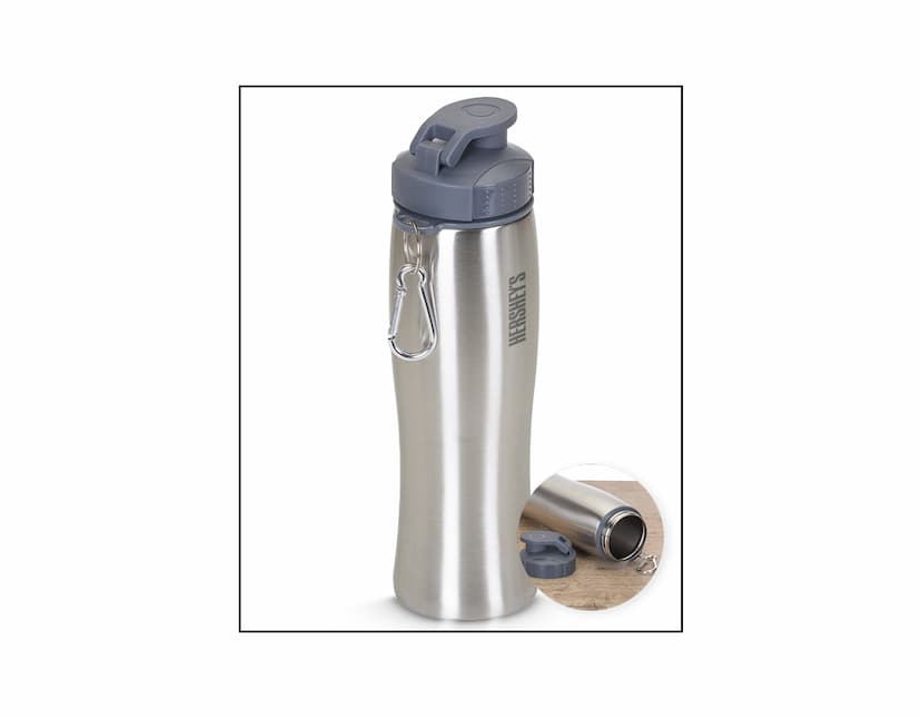 Squeeze Inox 750ml, em metal prateado, com tampa de plástico preto e detalhes em aço inoxidável. Equipamento de higiene e saúde, clean e shiny, com capacidade para líquidos, shape elegante e capacidade de spray.