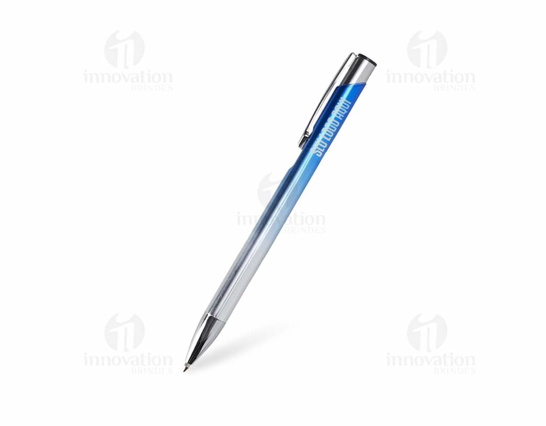 Caneta de metal prateada com design moderno e elegante. Ideal para uso em escritórios, escolas e negócios. Feita de metal e plástico, com tinta preta e ponta de metal. Perfeita para escrever, desenhar e destacar documentos.