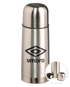 Garrafa Térmica Inox 500ml de cor prateada, com tampa rosqueável e alça para transporte.