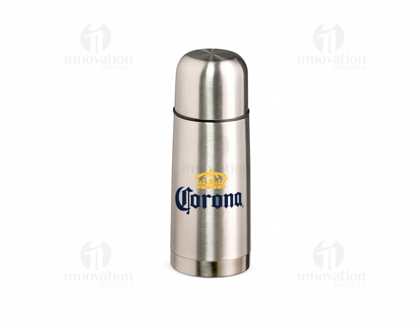 Garrafa Térmica Inox 500ml de cor prateada, com tampa rosqueável e alça para transporte.