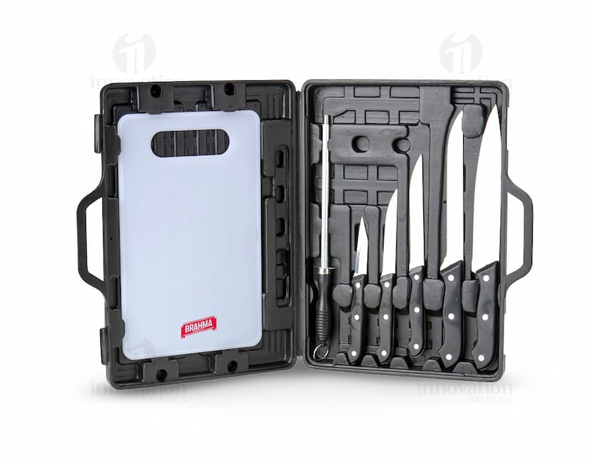 Kit Churrasco 7 Peças em aço inoxidável com maleta de transporte.