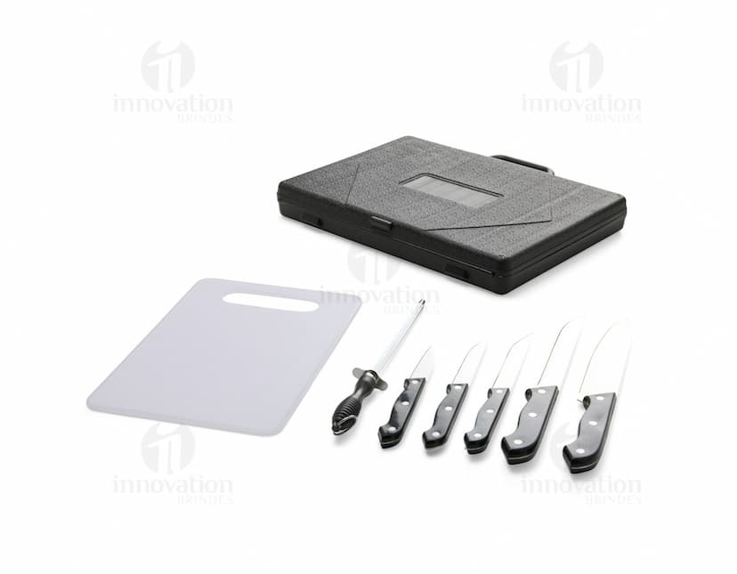 Kit Churrasco 7 Peças em aço inoxidável com maleta de transporte.