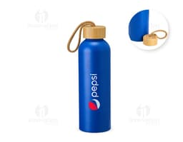 800ml Aluminum Water Bottle in silver color, with a screw cap and black details. The bottle is placed on a wooden table.