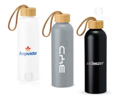 800ml Aluminum Water Bottle in silver color, with a screw cap and black details. The bottle is placed on a wooden table.