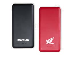 10,000mAh black power bank with battery indicator and two USB ports for fast charging.