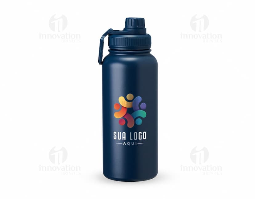 Garrafa Térmica Inox 1 Litro na cor prateada, com tampa rosqueável e alça para transporte.