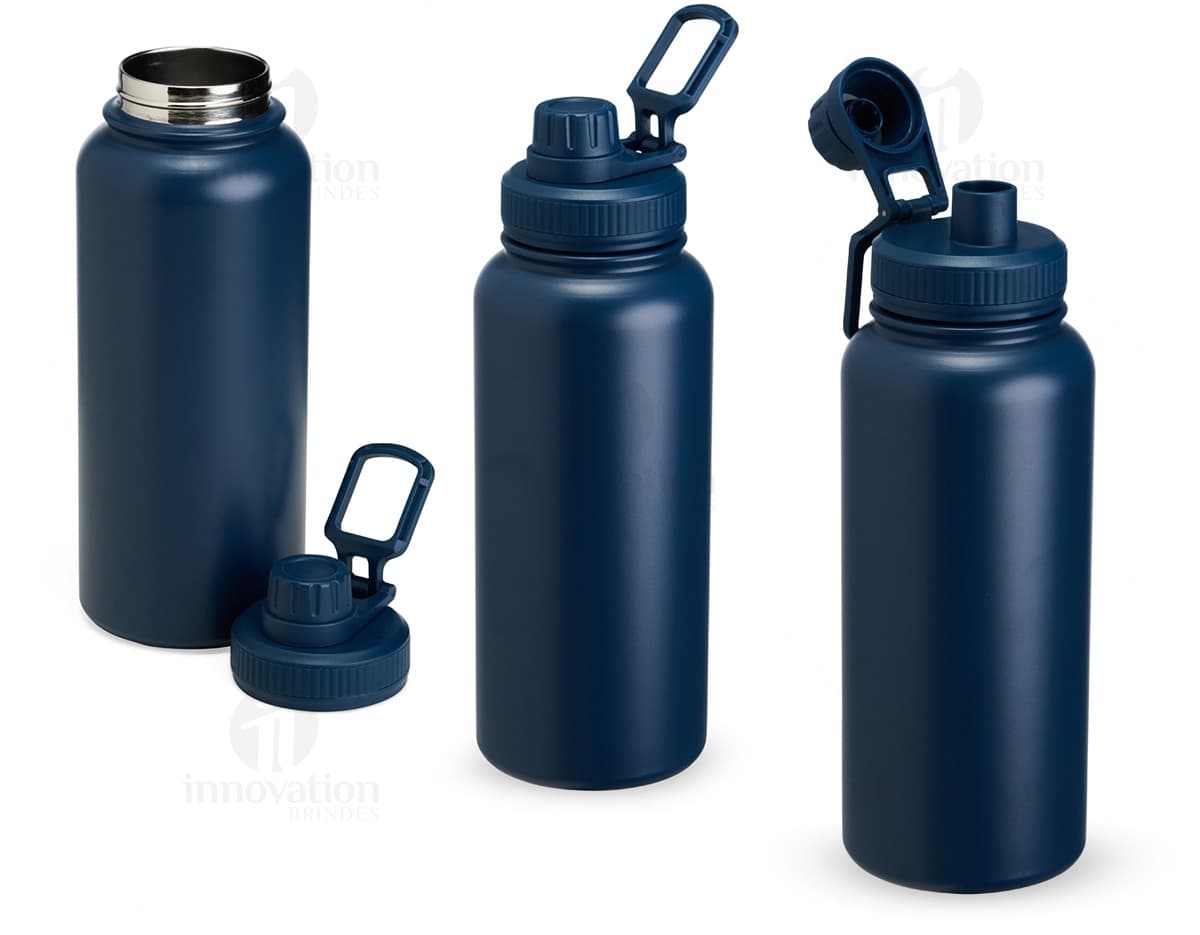 Garrafa Térmica Inox 1 Litro na cor prateada, com tampa rosqueável e alça para transporte.