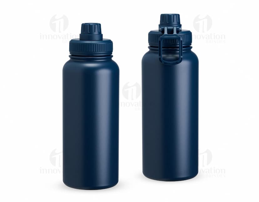 Garrafa Térmica Inox 1 Litro na cor prateada, com tampa rosqueável e alça para transporte.