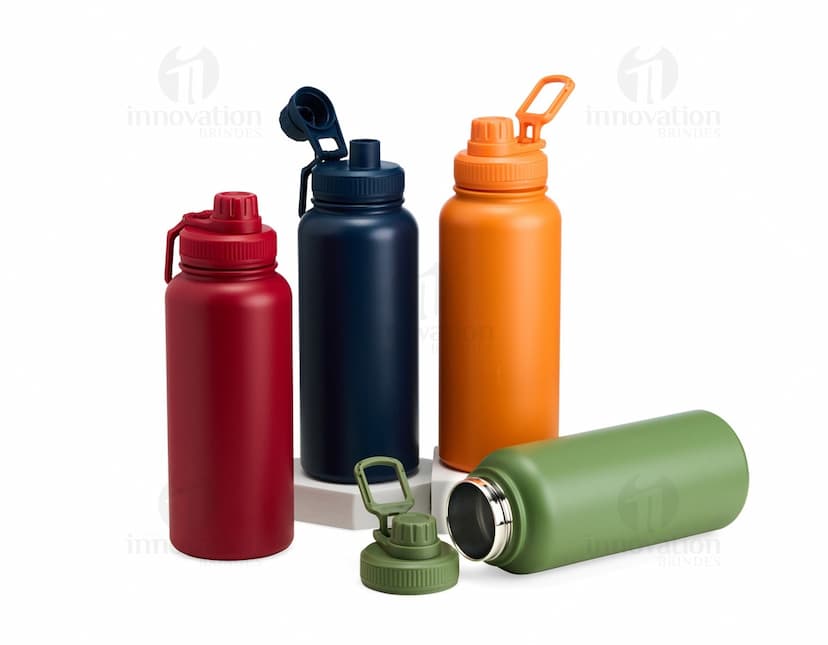 Garrafa Térmica Inox 1 Litro na cor prateada, com tampa rosqueável e alça para transporte.