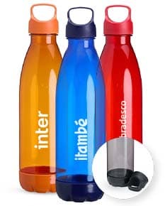 Garrafa plástica de 680ml. de capacidade em cor branca, com tampa rosqueável em azul e design moderno.