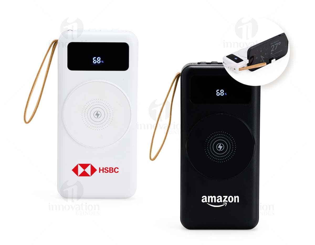 Power Bank 20.000mAh preto com indicador de carga LED e duas portas USB para carregamento rápido.