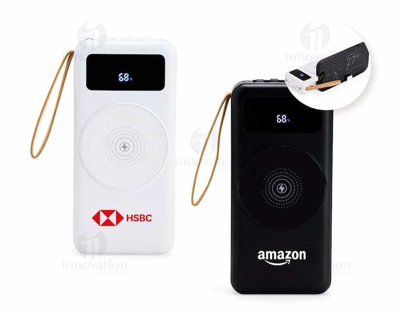 Power Bank 20.000mAh preto com indicador de carga LED e duas portas USB para carregamento rápido.