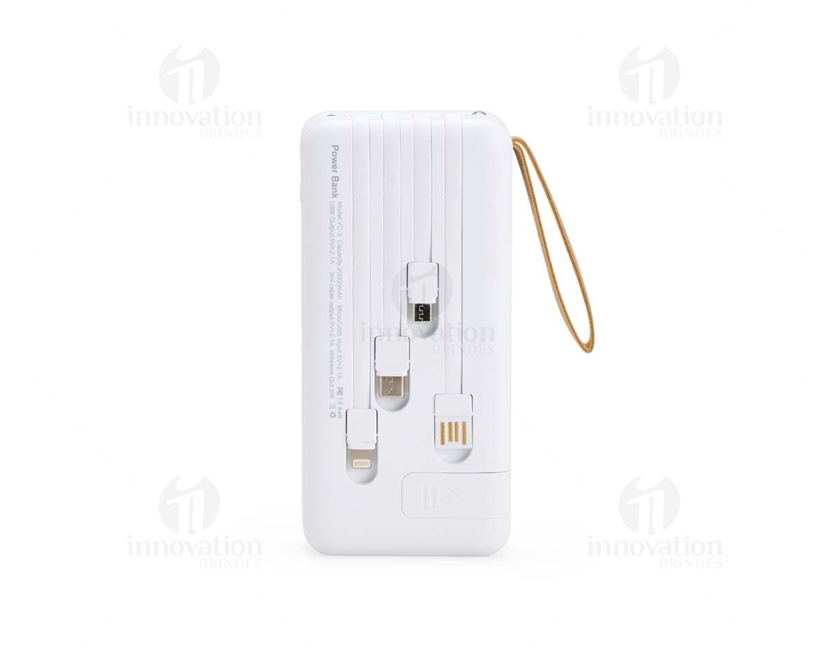 Power Bank 20.000mAh preto com indicador de carga LED e duas portas USB para carregamento rápido.