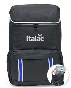 Mochila térmica com capacidade para 18 litros, na cor azul marinho, feita de material resistente e com alça ajustável.