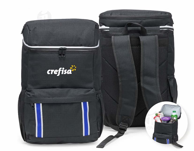 Mochila térmica com capacidade para 18 litros, na cor azul marinho, feita de material resistente e com alça ajustável.