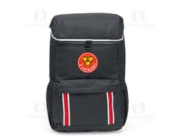 Mochila térmica com capacidade para 18 litros, na cor azul marinho, feita de material resistente e com alça ajustável.