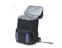 Mochila térmica com capacidade para 18 litros, na cor azul marinho, feita de material resistente e com alça ajustável.