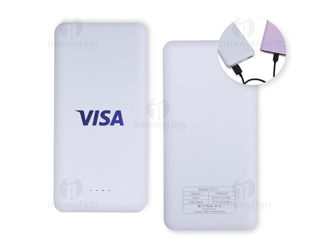 Power Bank 10.000mAh branco com indicador de carga e duas portas USB.
