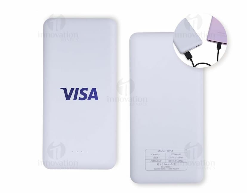 Power Bank 10.000mAh branco com indicador de carga e duas portas USB.