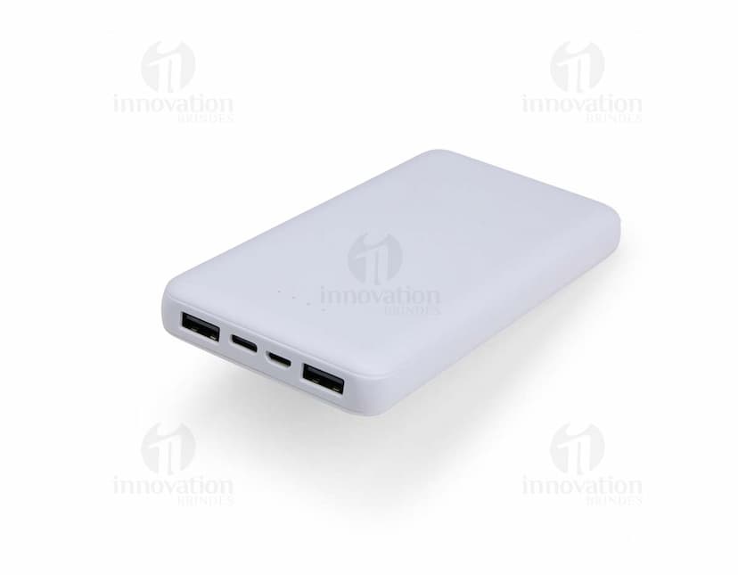 Power Bank 10.000mAh branco com indicador de carga e duas portas USB.