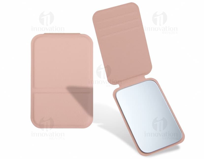 Espelho de Bolso em Couro Sintético, ideal para levar na bolsa e para retoques rápidos de maquiagem durante o dia.