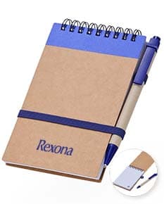 Bloco de anotações ecológico com capa de papelão marrom e elástico vermelho.