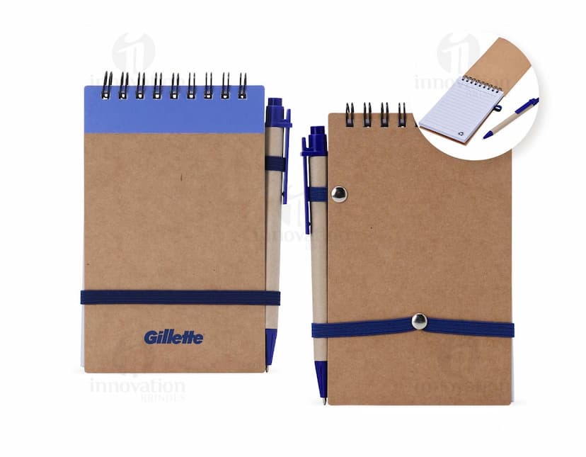 Bloco de anotações ecológico com capa de papelão marrom e elástico vermelho.