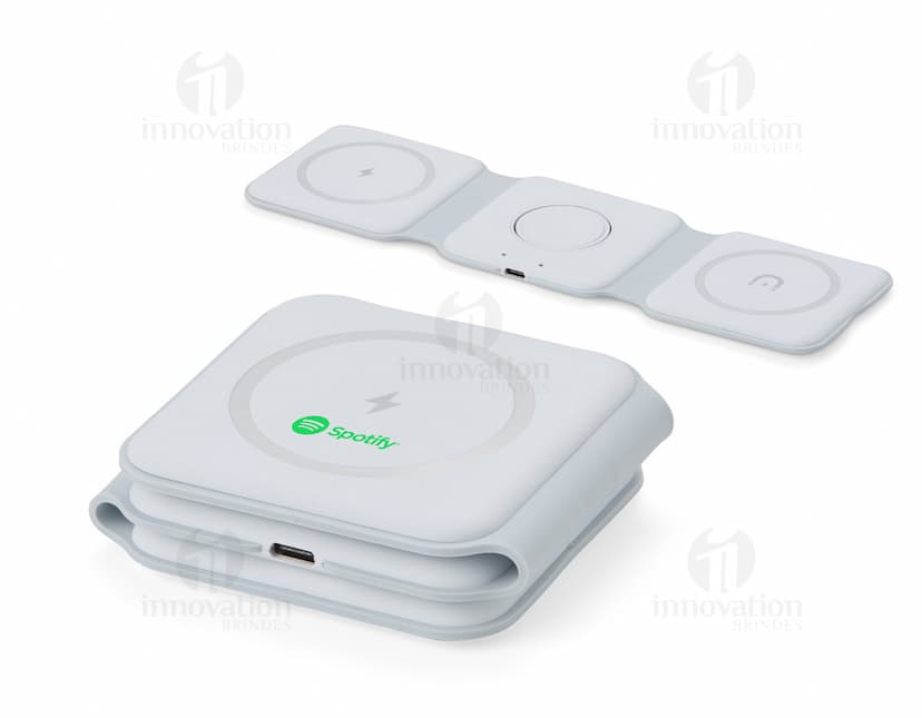 Carregador via Indução 3 em 1 em cor preta, com base para celular e smartwatch integradas.