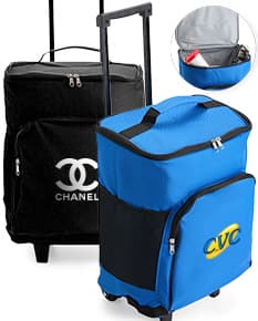 Bolsa Térmica 23L com Rodinhas em cor azul, ideal para transportar alimentos e bebidas de forma prática e mantendo a temperatura.