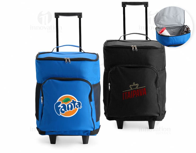 Bolsa Térmica 23L com Rodinhas em cor azul, ideal para transportar alimentos e bebidas de forma prática e mantendo a temperatura.