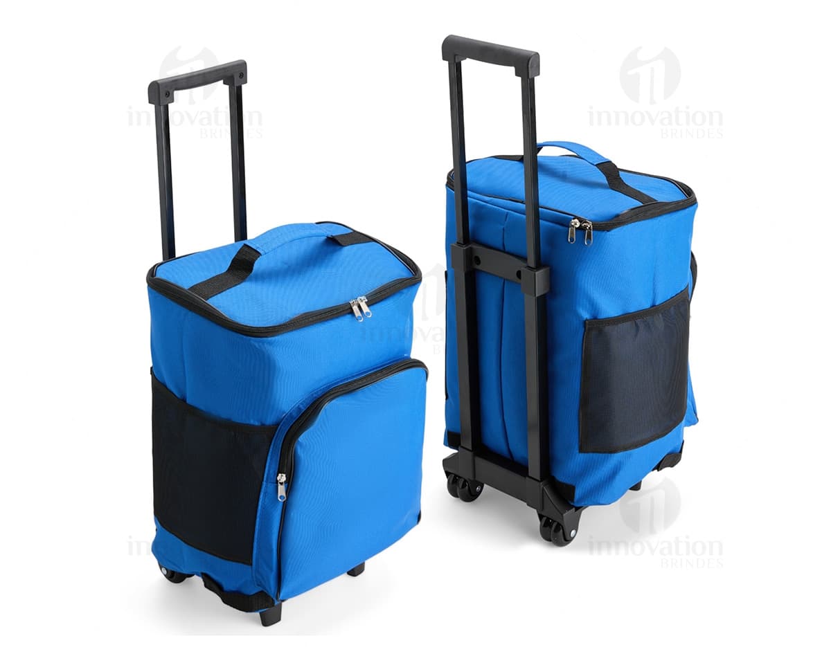 Bolsa Térmica 23L com Rodinhas em cor azul, ideal para transportar alimentos e bebidas de forma prática e mantendo a temperatura.