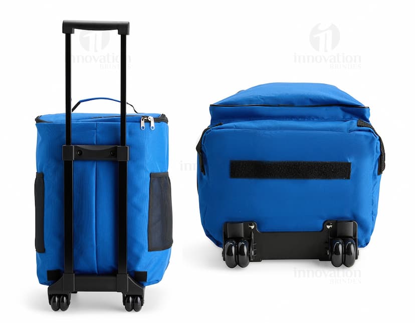 Bolsa Térmica 23L com Rodinhas em cor azul, ideal para transportar alimentos e bebidas de forma prática e mantendo a temperatura.