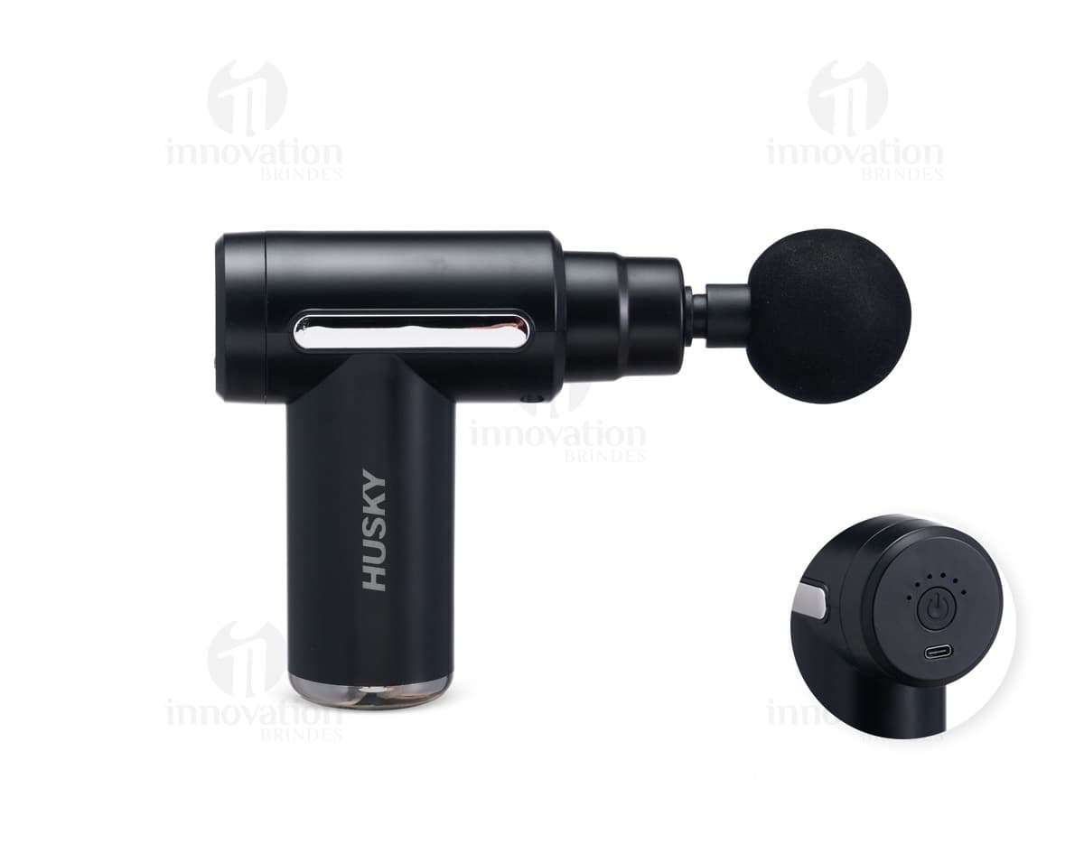 Massageador Portátil na cor branca, com design elegante e botões de controle na parte superior.