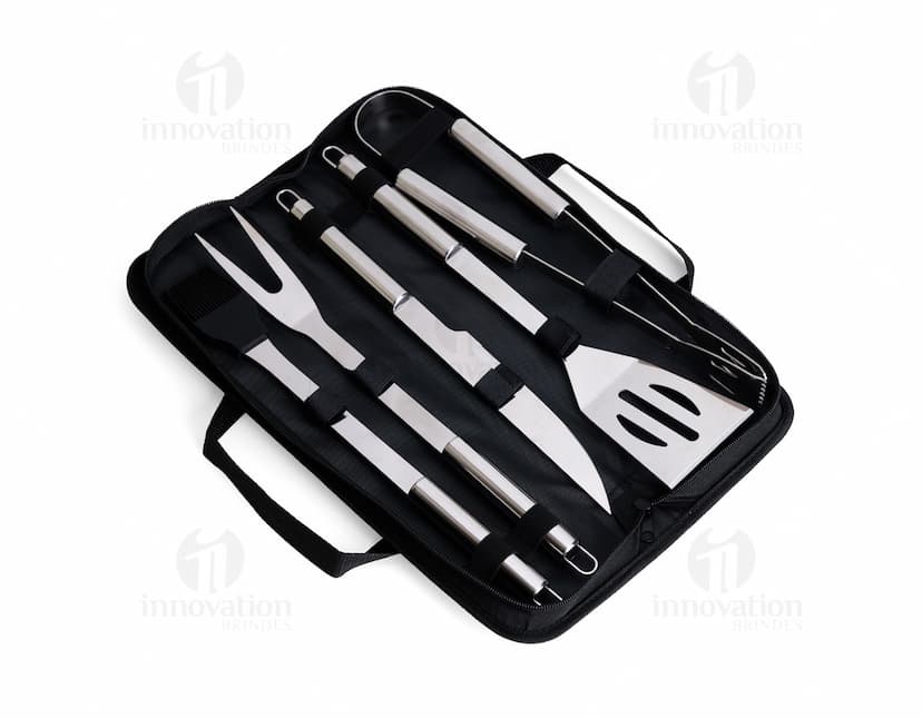 Kit Churrasco 5 Peças - Conjunto contendo faca, garfo, pinça, espátula e escova para churrasco em fundo de madeira.