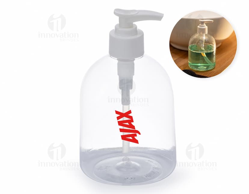Frasco plástico de 500ml em cor transparente, com tampa de rosca branca.