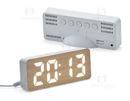 Relógio Despertador LED preto com display digital mostrando a hora e a temperatura ambiente.