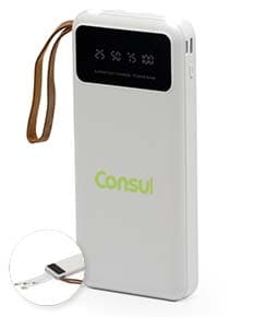 Power Bank 10.000mAh preto com entrada USB e indicador de carga, em fundo branco.