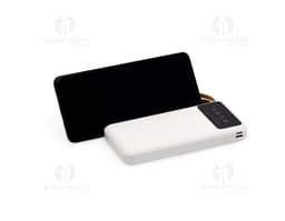 Power Bank 10.000mAh preto com entrada USB e indicador de carga, em fundo branco.