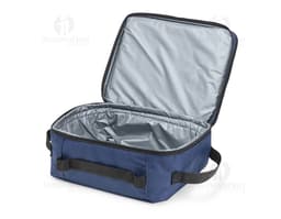 Bolsa térmica de 5 litros na cor azul, com alça de mão e fechamento em zíper. Ideal para transporte de alimentos e bebidas