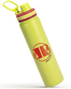 Garrafa térmica 750ml em cor prata com tampa rosqueável e alça para fácil transporte.