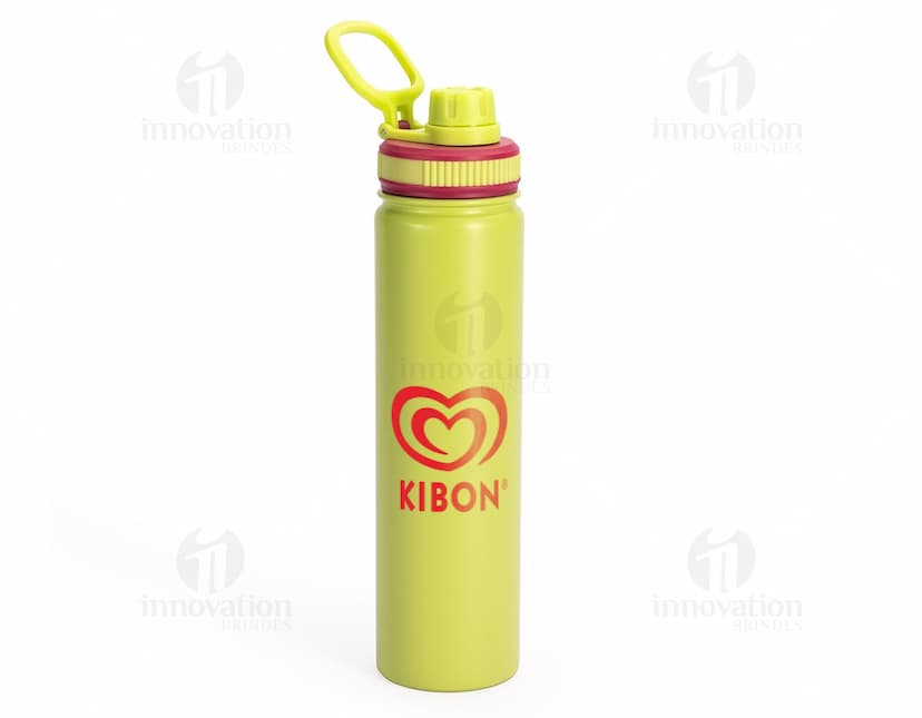 Garrafa térmica 750ml em cor prata com tampa rosqueável e alça para fácil transporte.