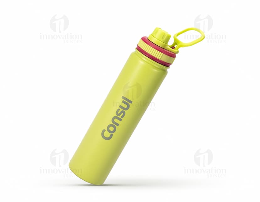 Garrafa térmica 750ml em cor prata com tampa rosqueável e alça para fácil transporte.