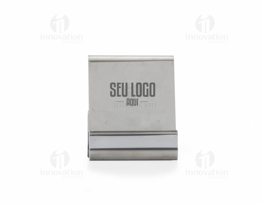 Suporte de metal para celular com design moderno e elegante. Ideal para manter o celular seguro e em uma posição prática durante o uso.