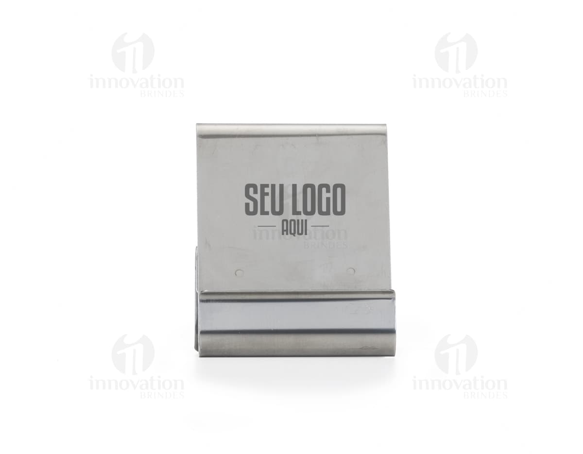 Suporte de metal para celular com design moderno e elegante. Ideal para manter o celular seguro e em uma posição prática durante o uso.