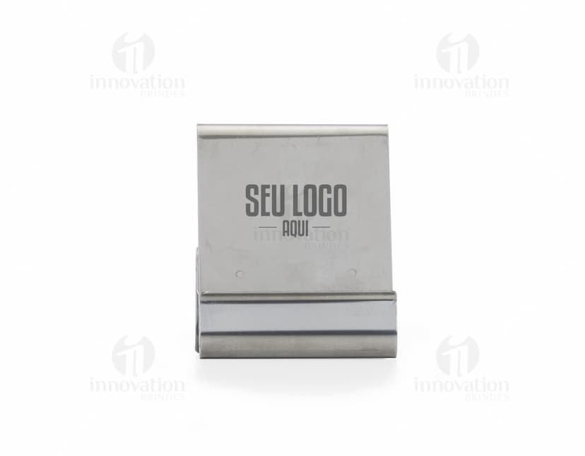 Suporte de metal para celular com design moderno e elegante. Ideal para manter o celular seguro e em uma posição prática durante o uso.