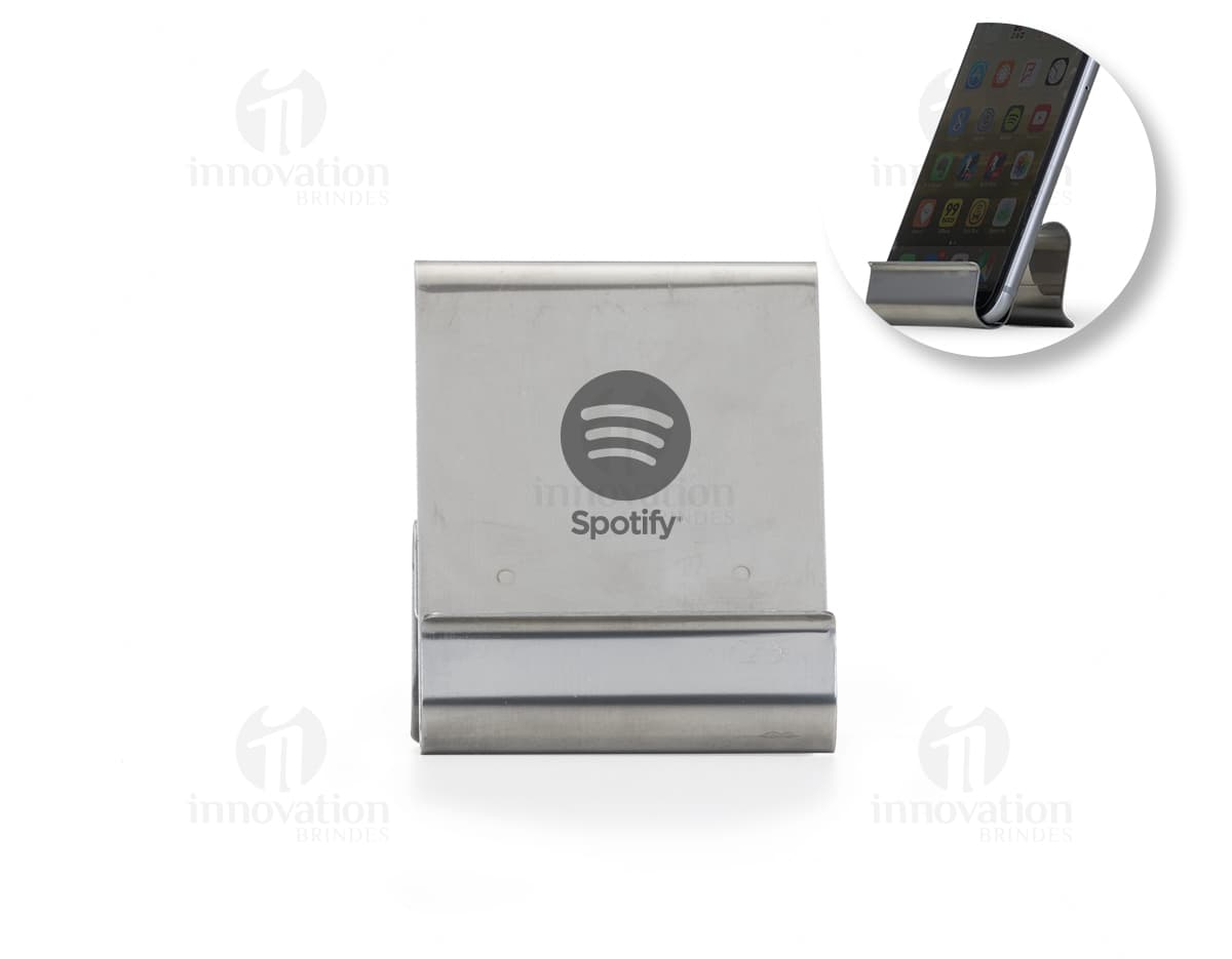 Suporte de metal para celular com design moderno e elegante. Ideal para manter o celular seguro e em uma posição prática durante o uso.