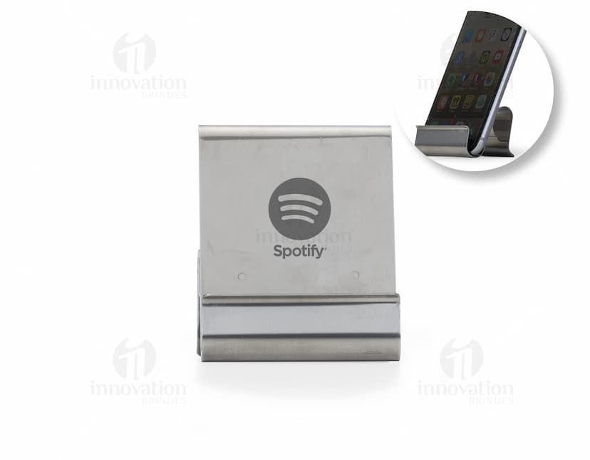 Suporte de metal para celular com design moderno e elegante. Ideal para manter o celular seguro e em uma posição prática durante o uso.