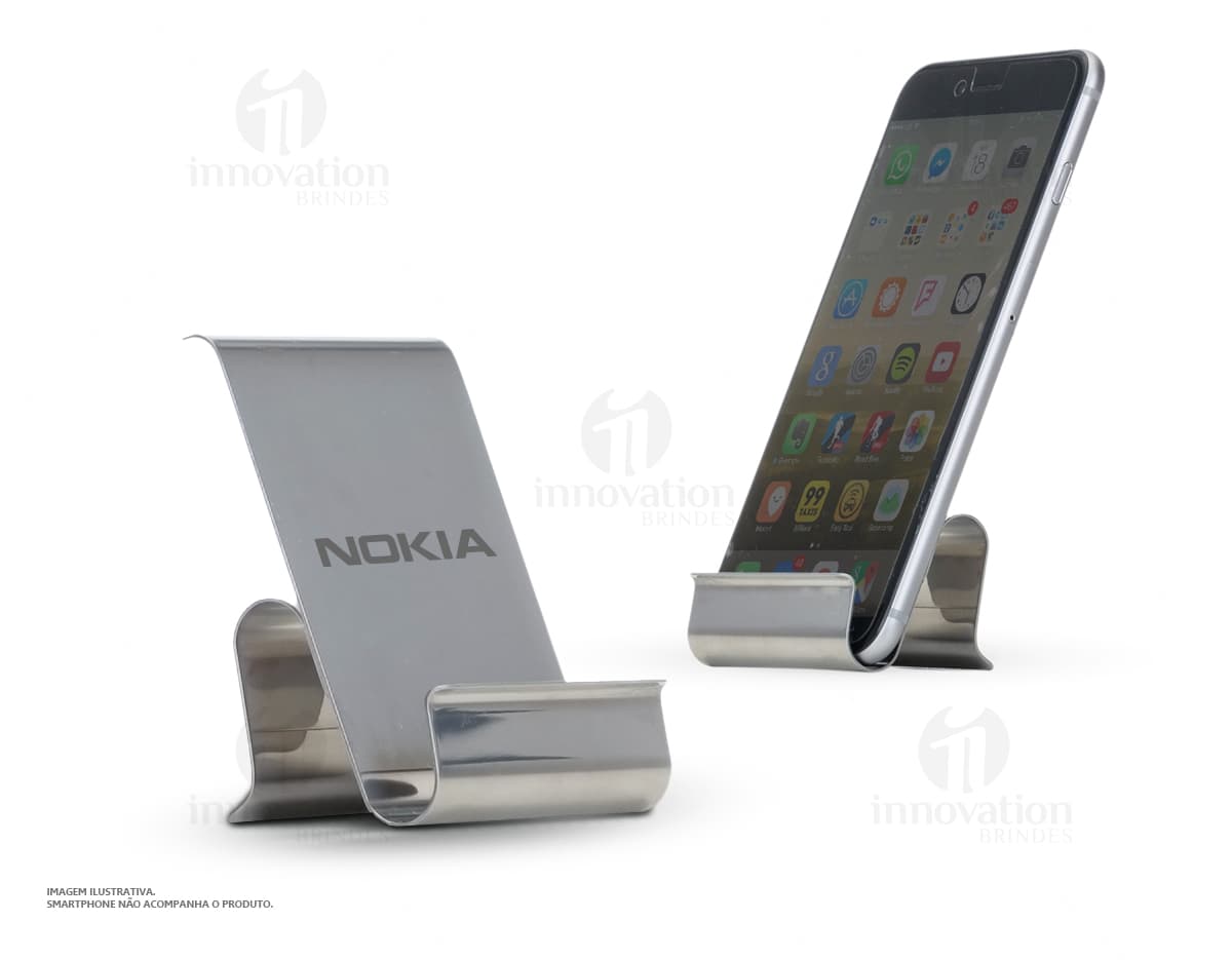 Suporte de metal para celular com design moderno e elegante. Ideal para manter o celular seguro e em uma posição prática durante o uso.